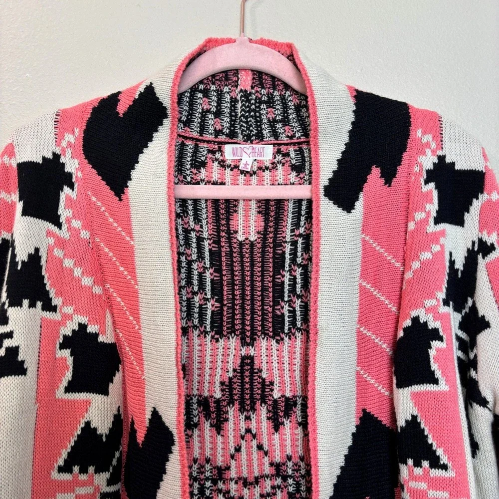 Wild Heart Womens Cardigan Sweater‎ Open Front Pink Black White Aztec Large
